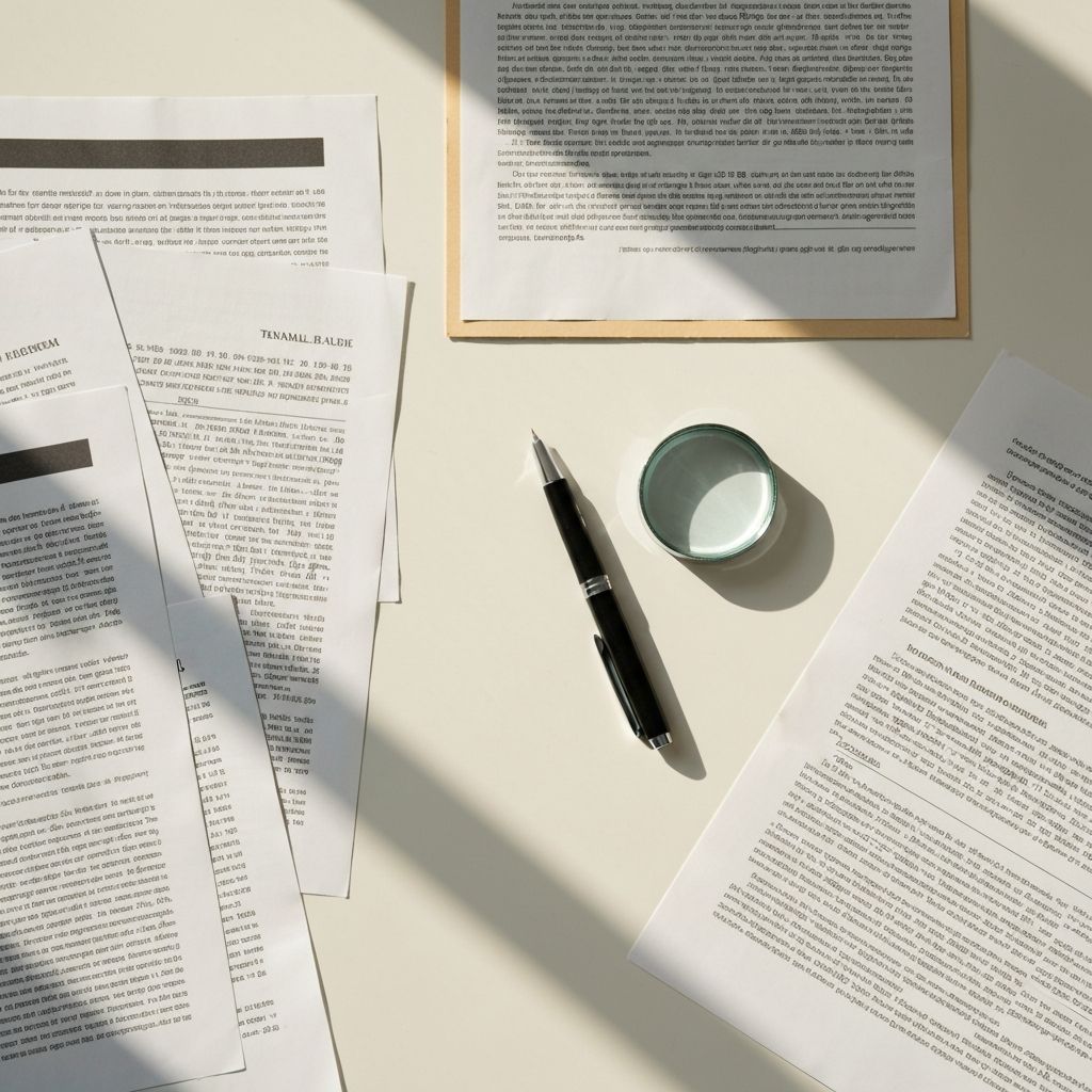 Flat lay of multilingual documents and a pen on a desk representing professional translation work