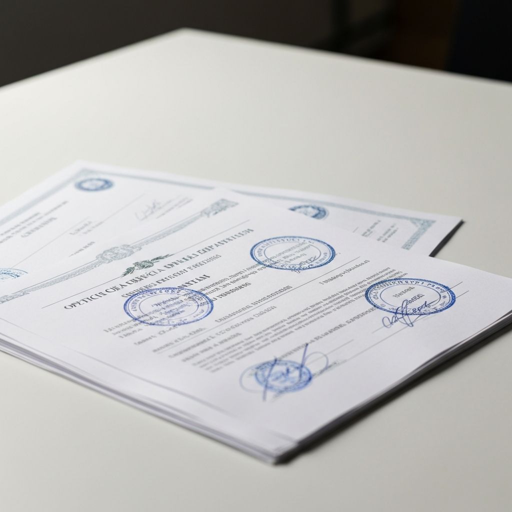 Official certificates and documents fanned out on a desk ready for translation