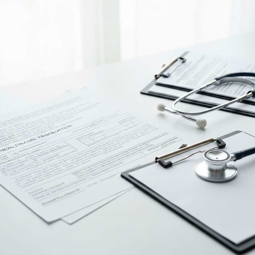 Medical forms and health records on a white surface representing medical translation services